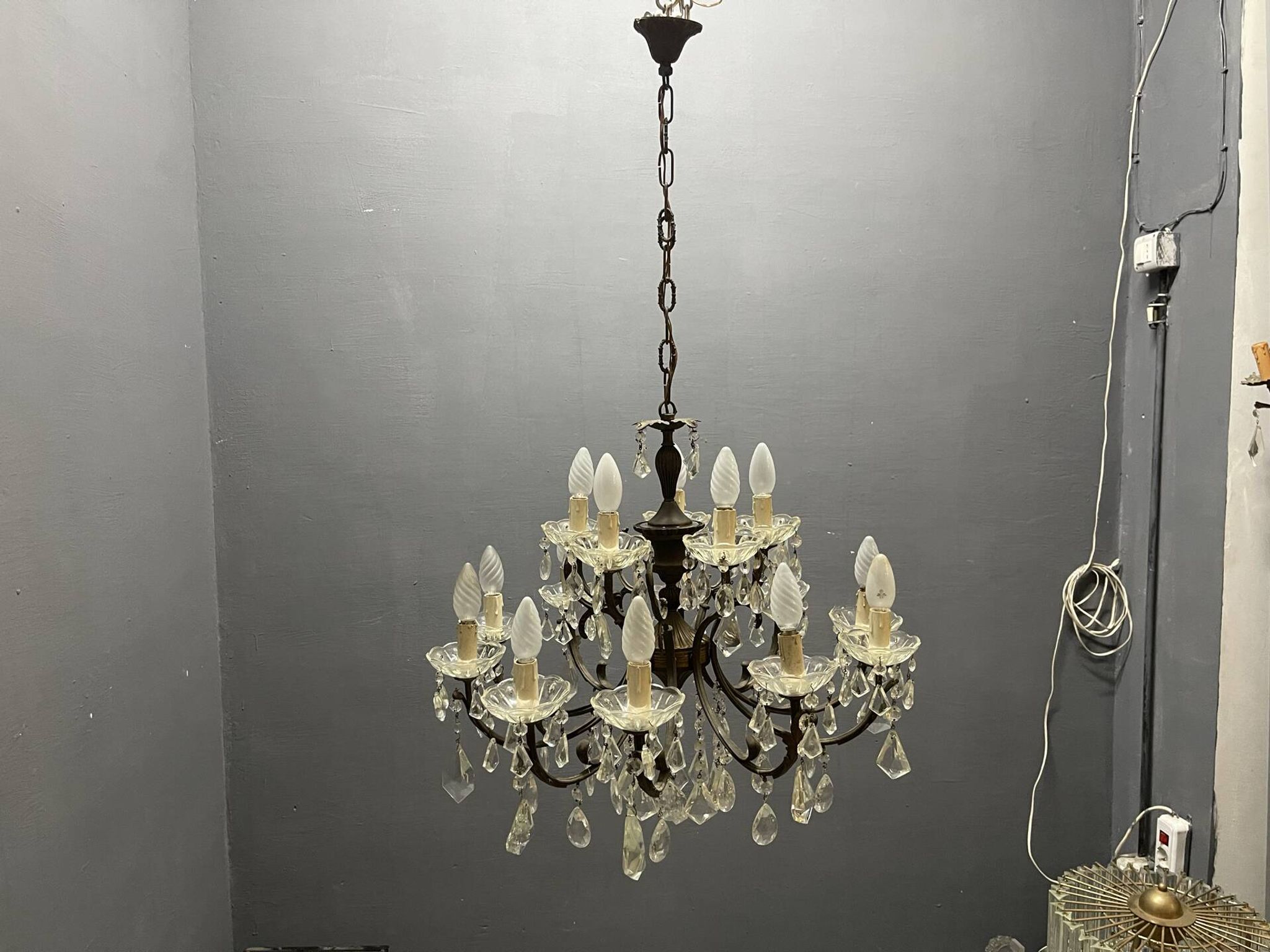 Vintage Bronze & Crystal Chandelier, 15 Lights, 1950s
