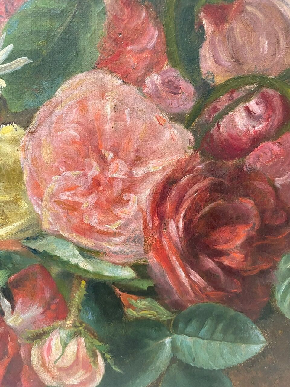 Old painting, still life with daisy roses and wild flowers, signed, early XX century