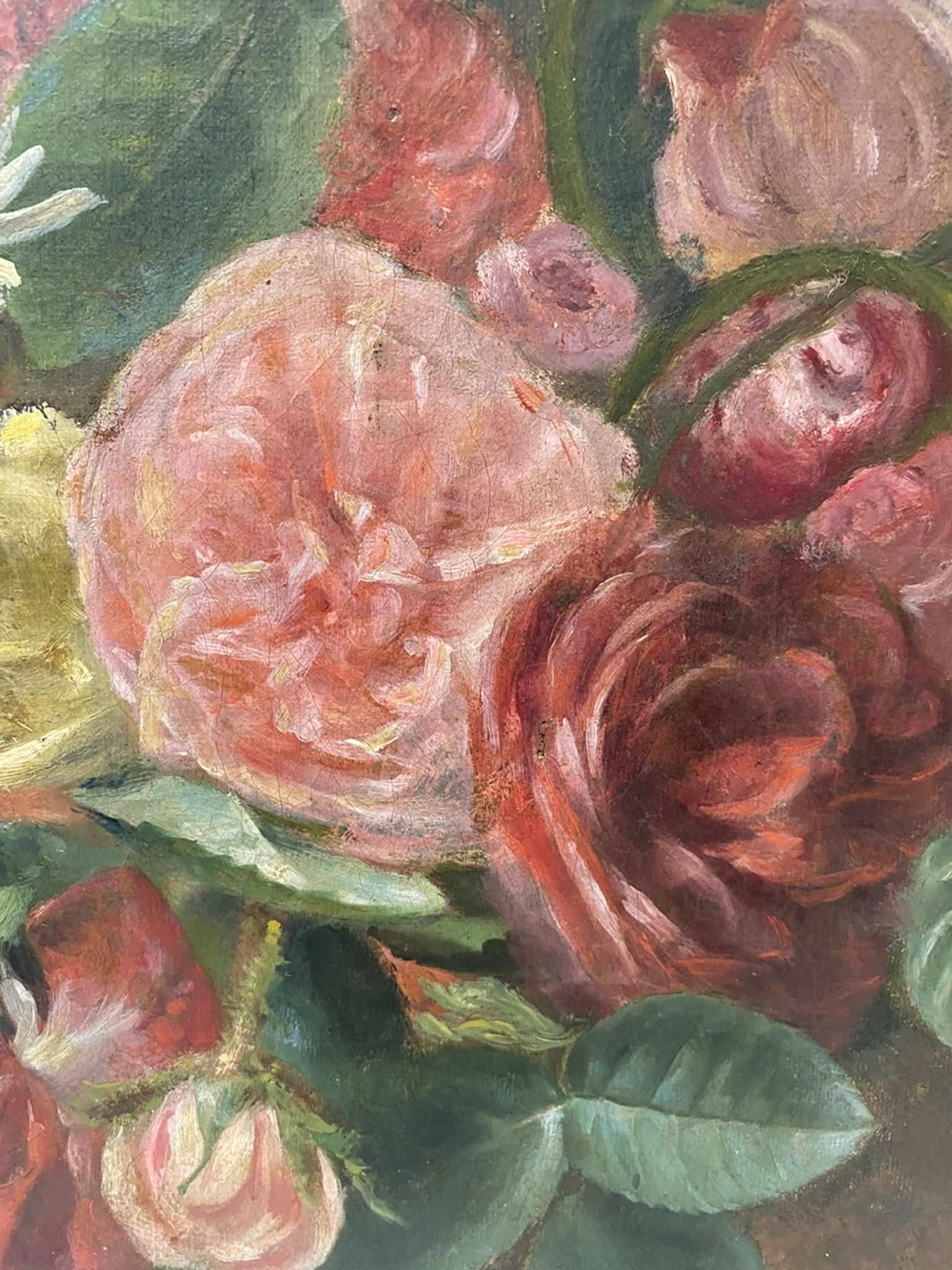 Old painting, still life with daisy roses and wild flowers, signed, early XX century