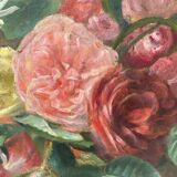 Tableau ancien, nature morte aux roses pâquerettes et fleurs sauvages, signé, début XX siècle