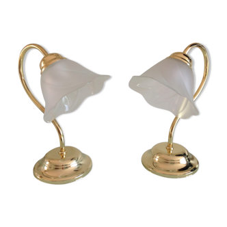 Pair of bedside lamps in gilded metal and frosted glass art deco style