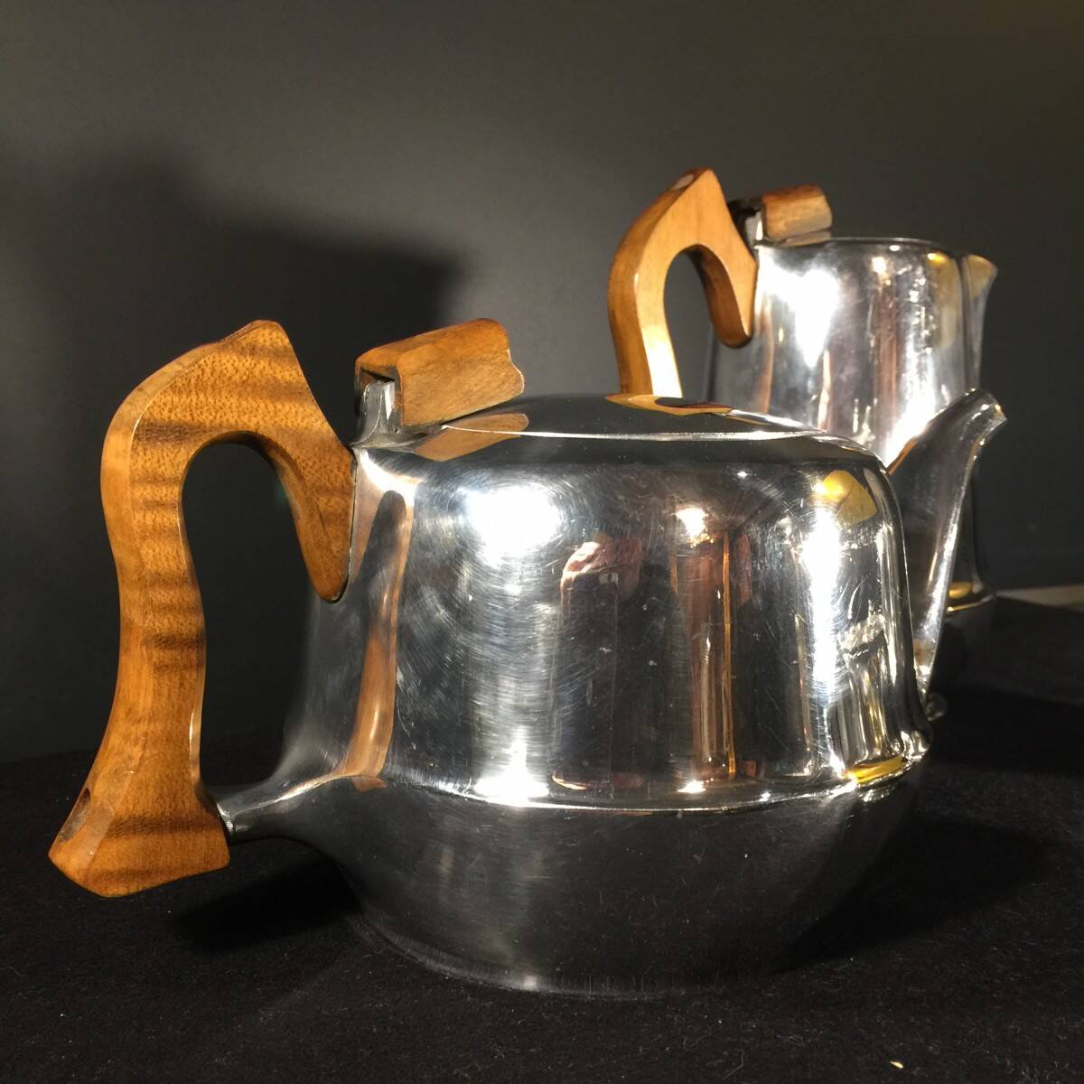 English Design Coffee and Tea Set, Picquot Ware, Brushed Aluminum, 1950