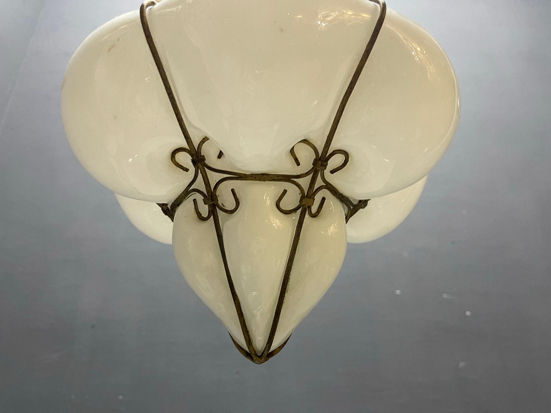 Murano Opaline Glass Pendant Light in Wrought Iron Frame, Italy, Mid-C