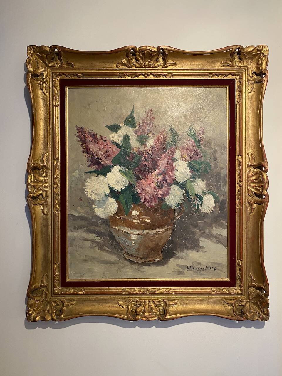 Antique painting, still life with lilacs and peonies signed Van der Berg circa 1950