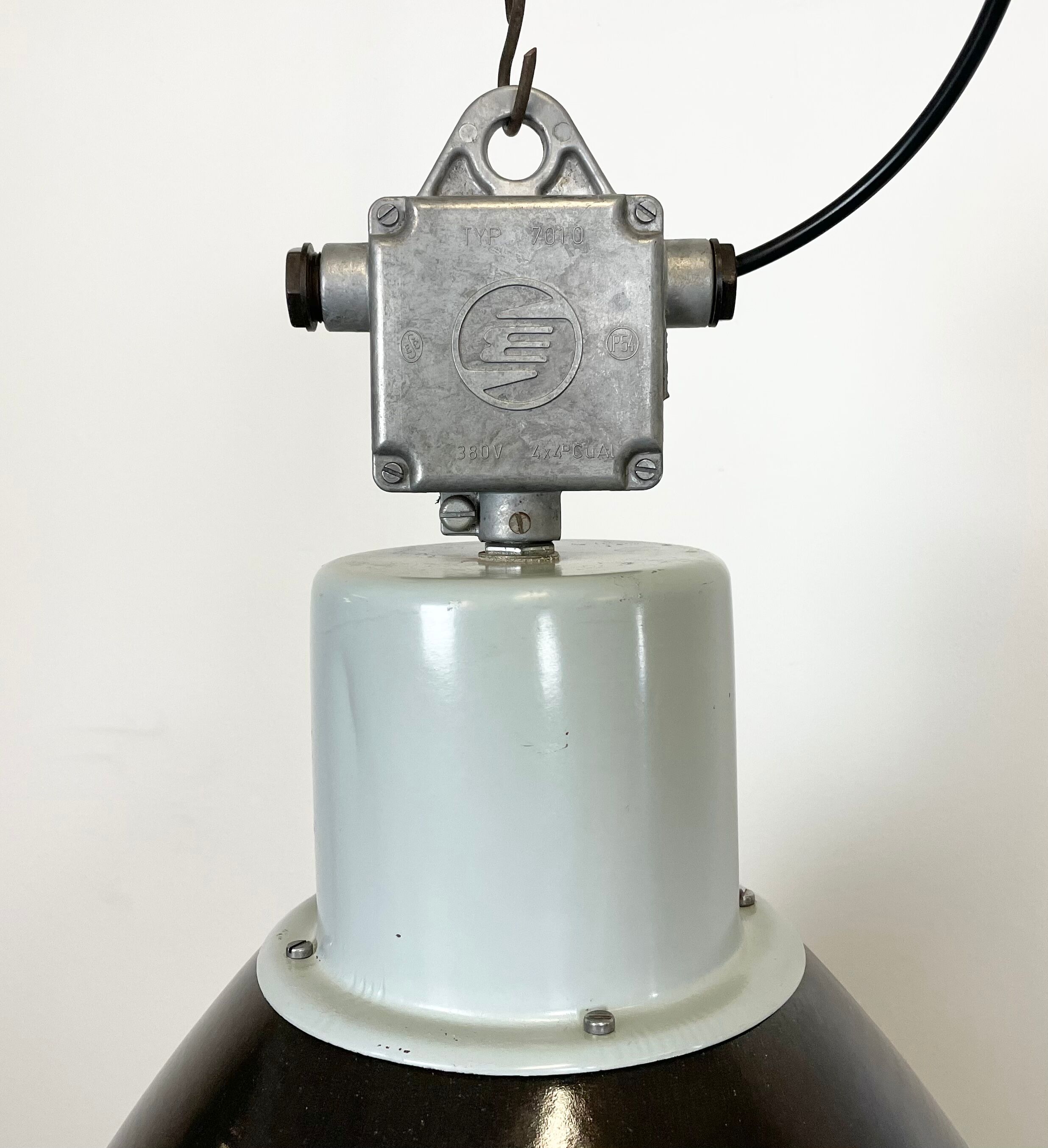 Industrial black enamel factory lamp with glass cover, 1960s