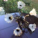 5-branched chandelier brass, wood and glass