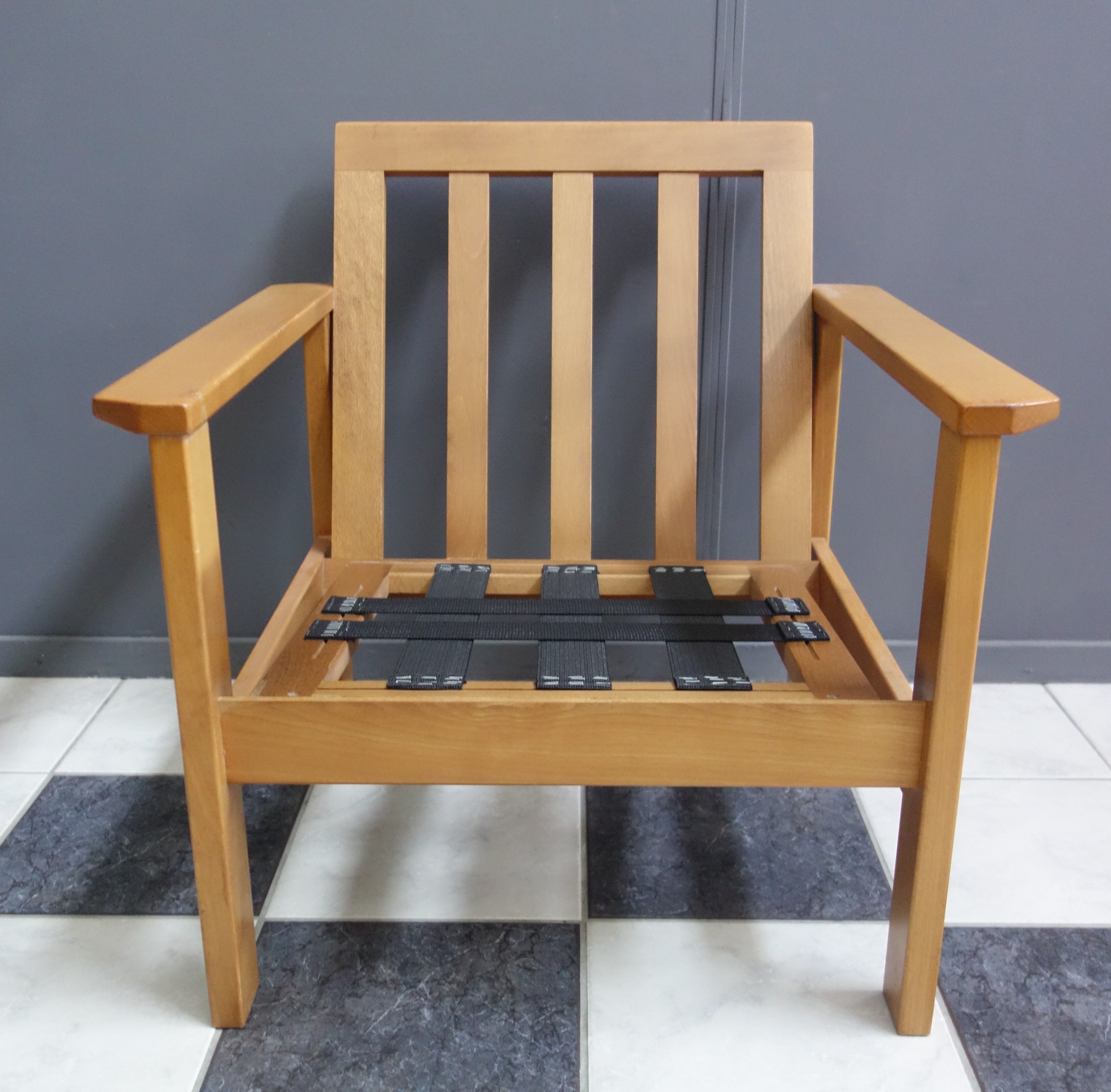 Blue fabric easy chair  in blonde wood frame 1960s
