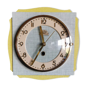 Vintage formica clock square silent wall clock "FFR yellow green"