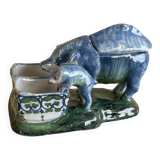 Salt cellar and mustard pot in French faience by A Clement.