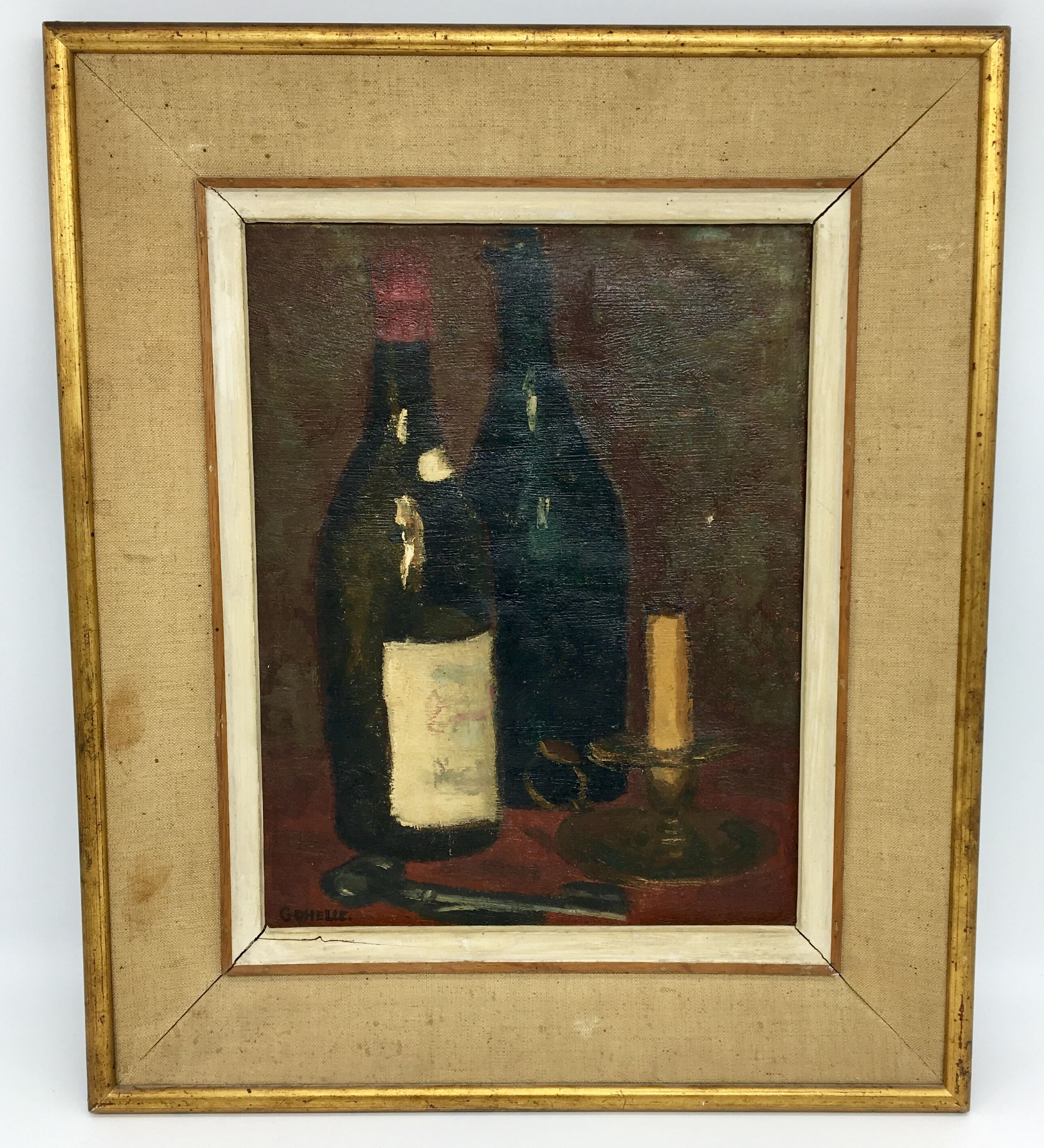 Still life with bottles of wine and candle district XX century