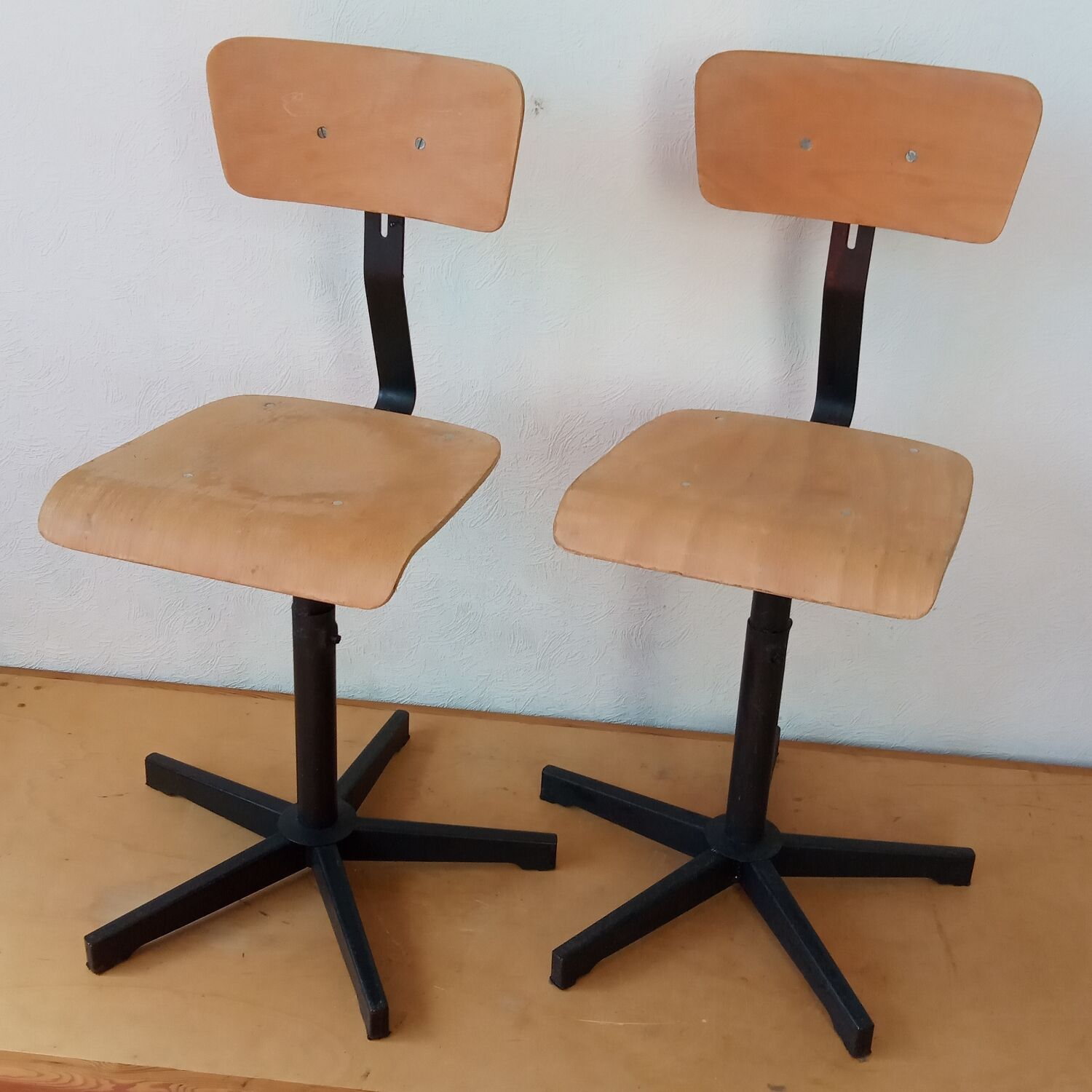 Pair of high workshop bar chairs