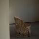 Sculptural Norwegian trunk chair in mid-century brutalist solid wood.