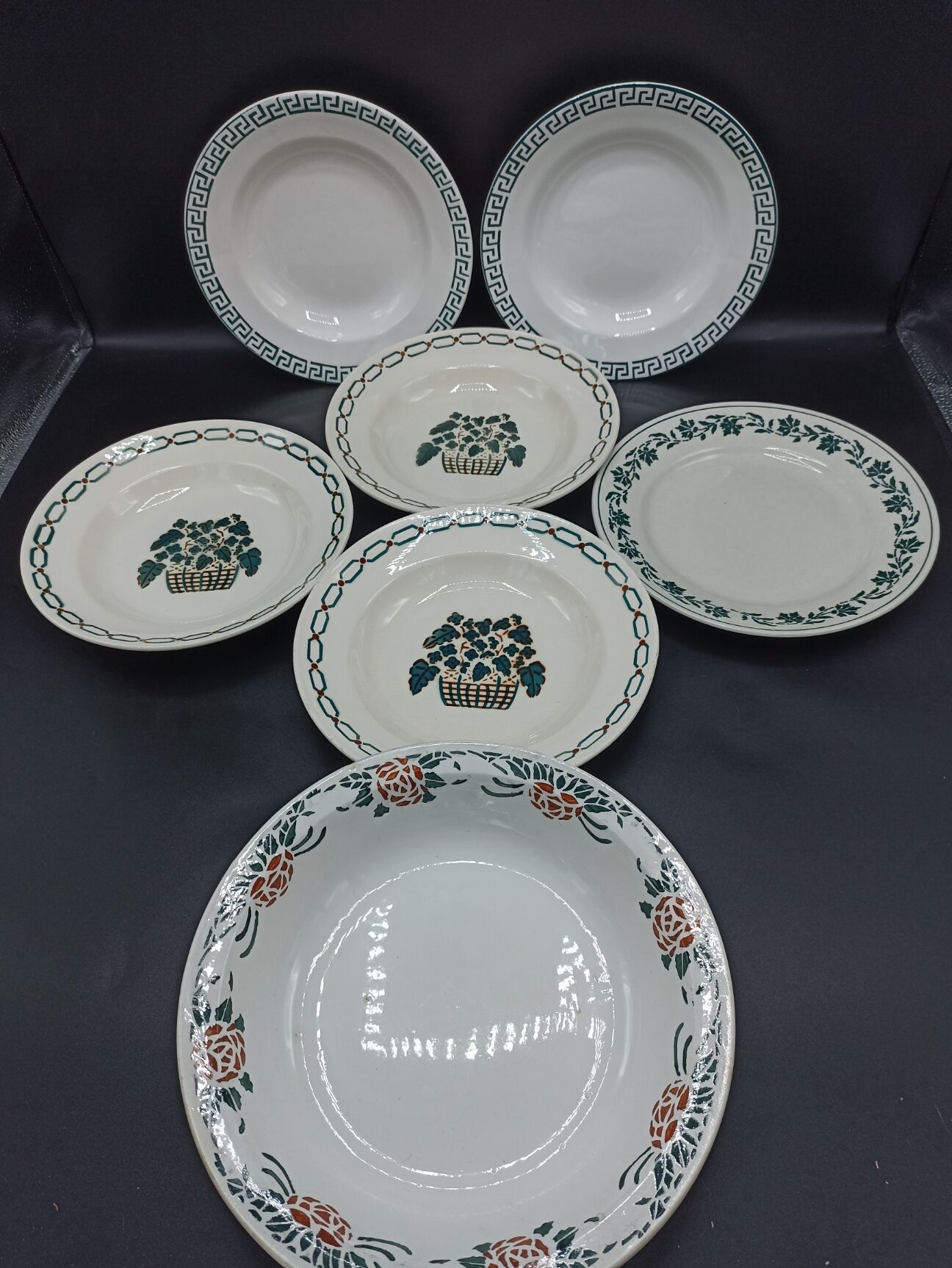 Mismatched set of old plates + dish - Green