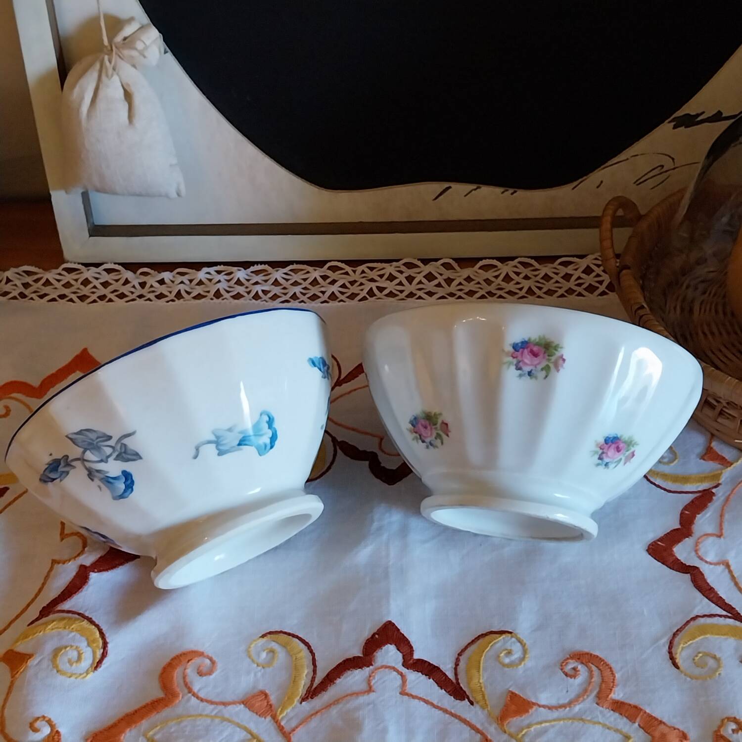 Antique faceted bowls on shower stand