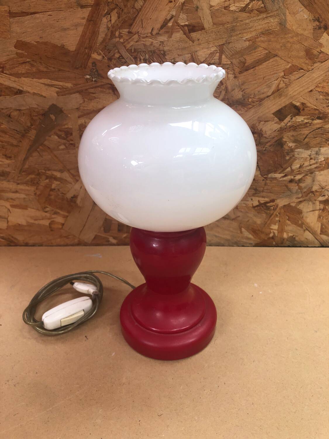Pair of Old Red & White Opaline Bedside Lamps 1970s Vintage #A982