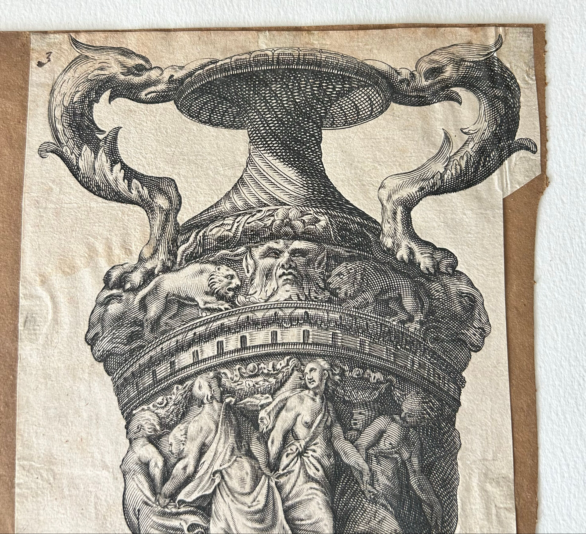 Gravure ancienne vase ornée d’après Polydoro da Caravaggio