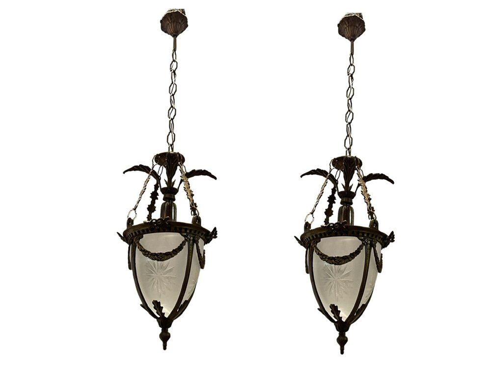Bronze etched glass light pendants, 1970