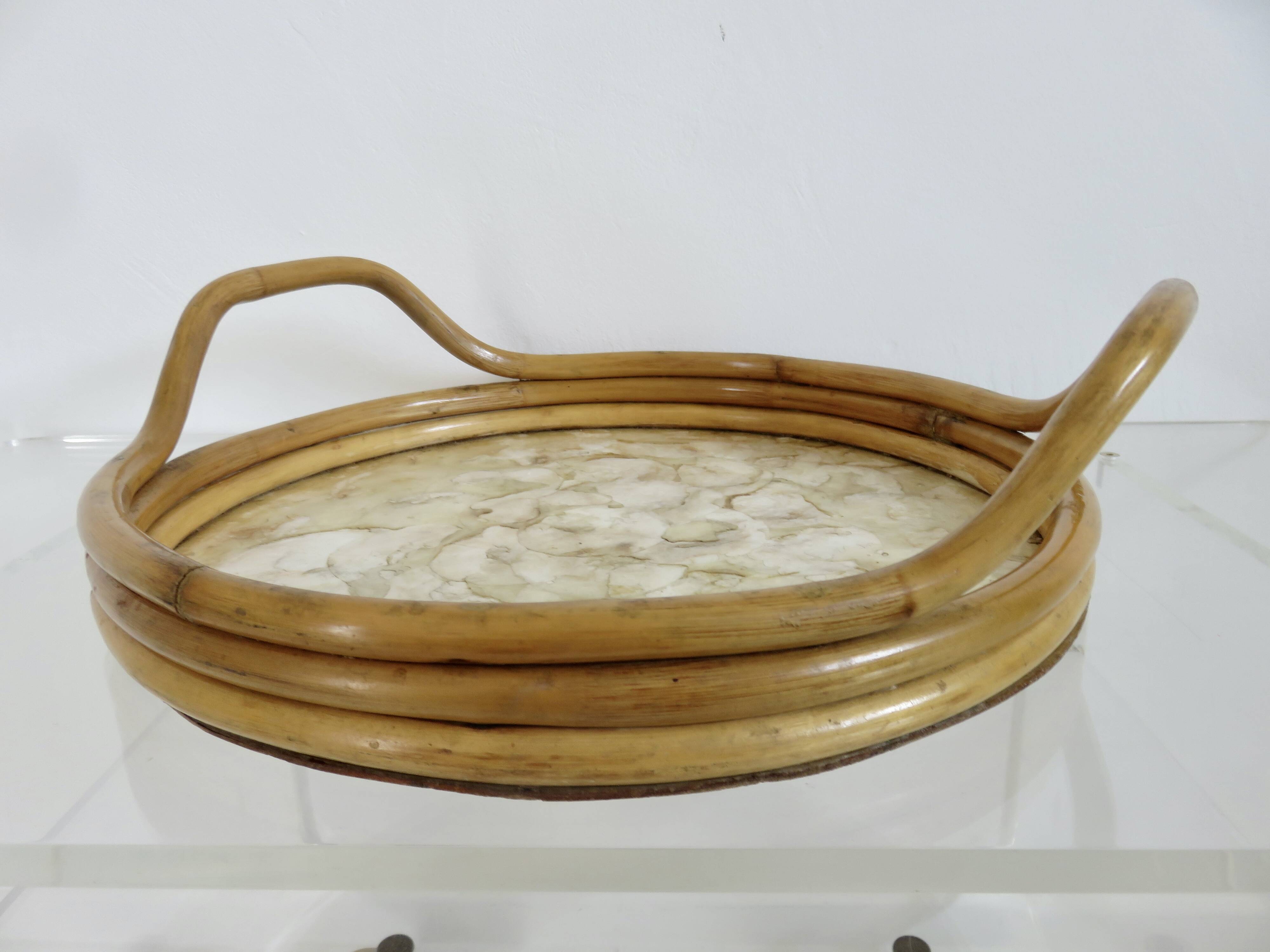 Round tray in bamboo and Capiz mother-of-pearl from the Philippines, made in Italy, 1970