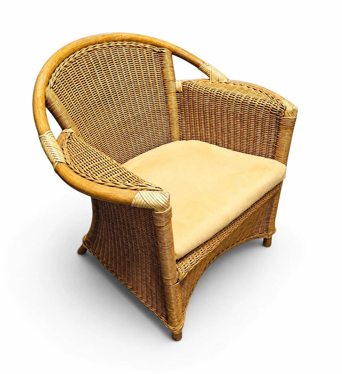 2 x wicker and bamboo patio chair / 1980s / faux suede / alcantara