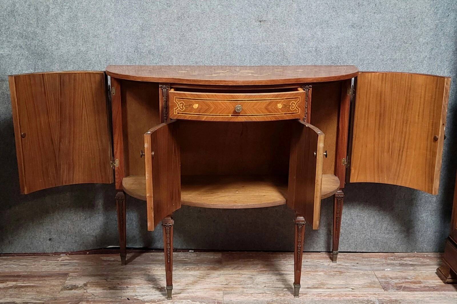 Venetian half-moon commode with Louis XVI style doors in marquetry.