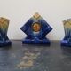 Art deco mantel clock with 2 vintage blue and white ceramic vases
