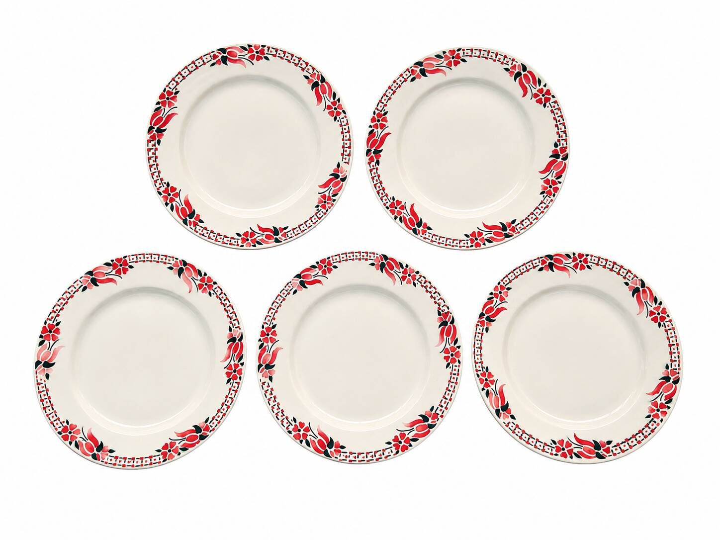 Set of 5 flat plates Céranord Saint-Amand with red floral decoration.
