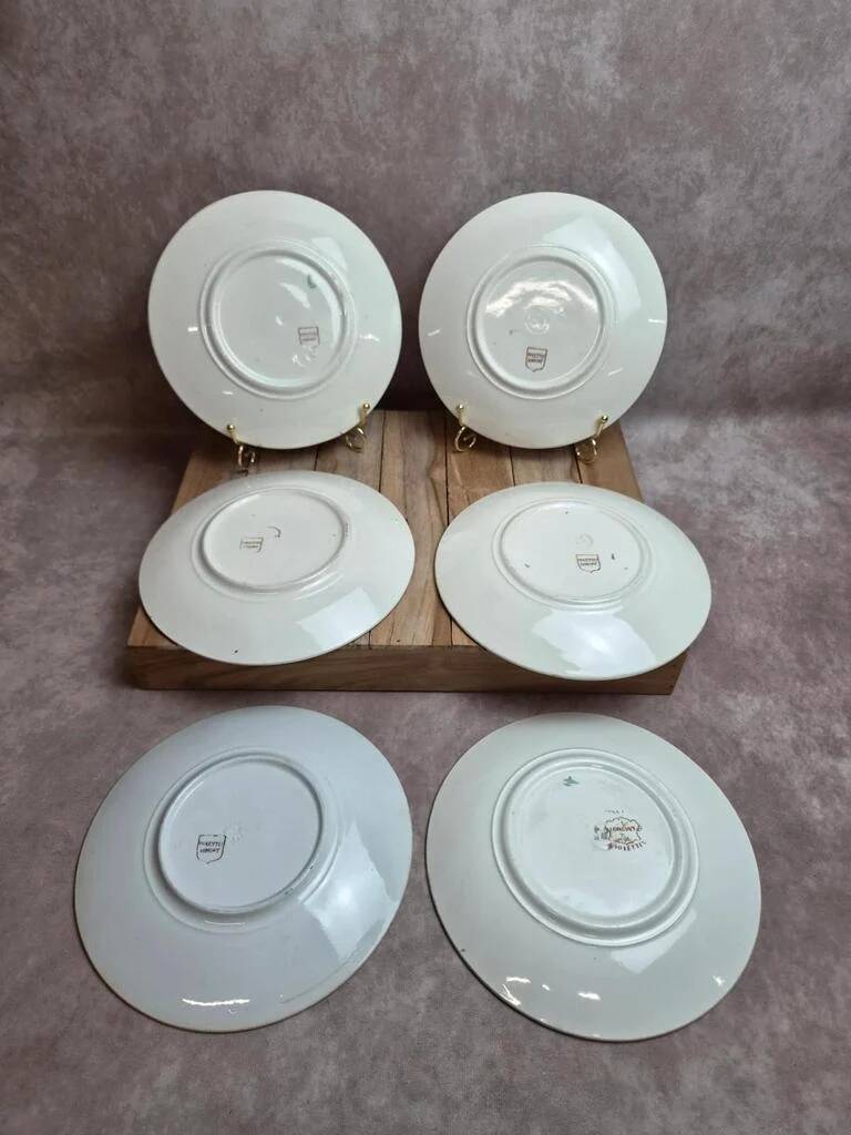 Set of 6 antique dessert plates Longwy – Violets model – Polychrome Art Nouveau decoration