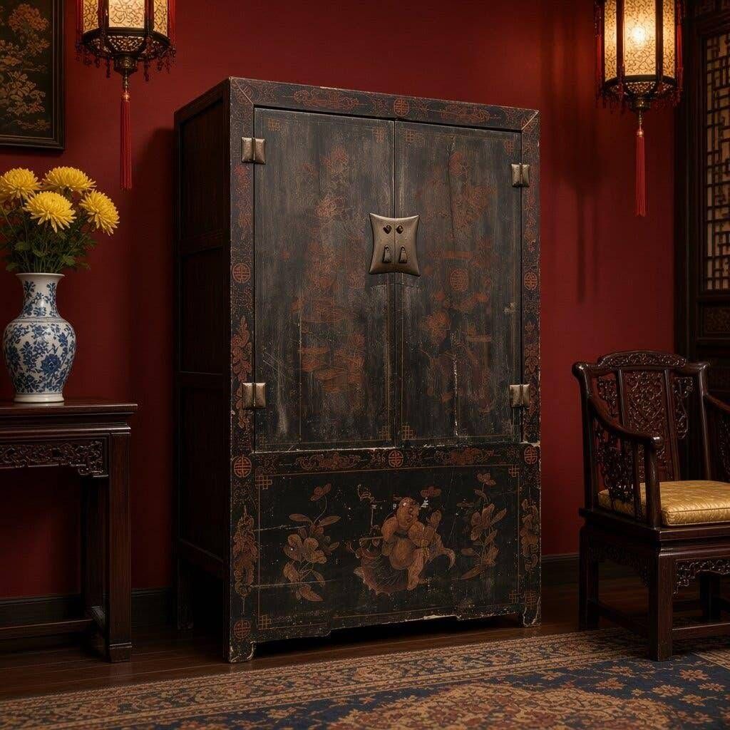 Black and red vintage Chinese furniture / wedding furniture / sideboard