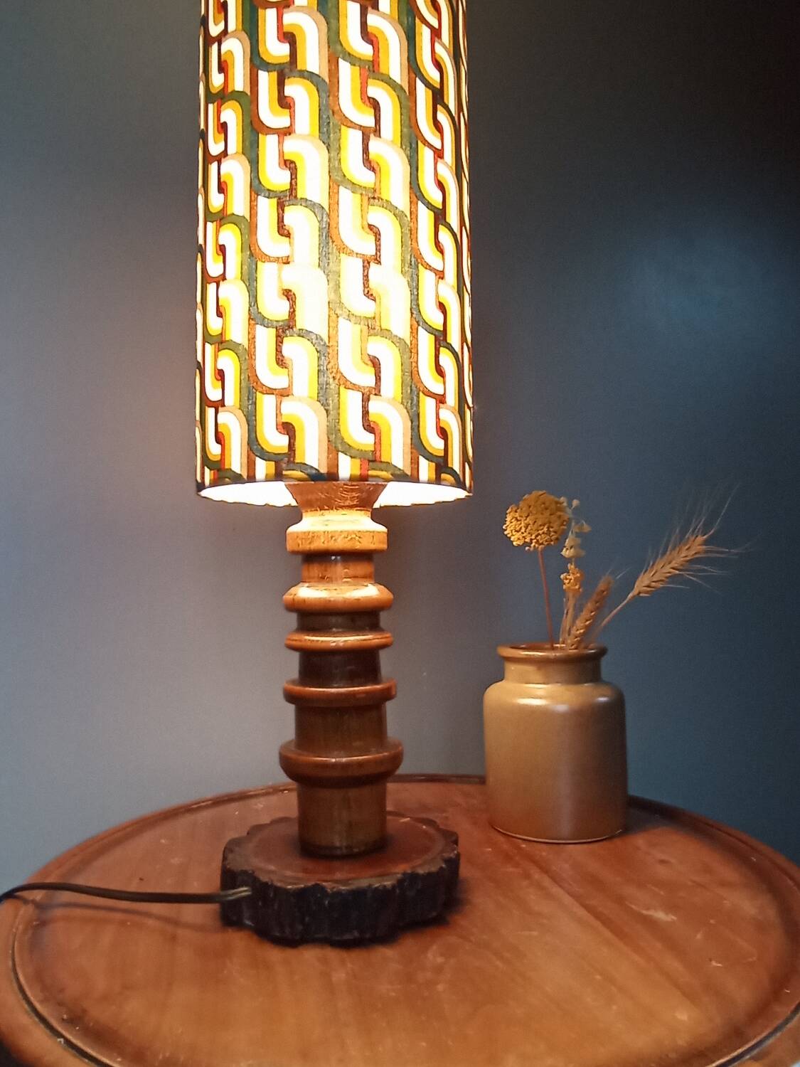 Vintage brutalist wooden table lamp, space age printed lampshade