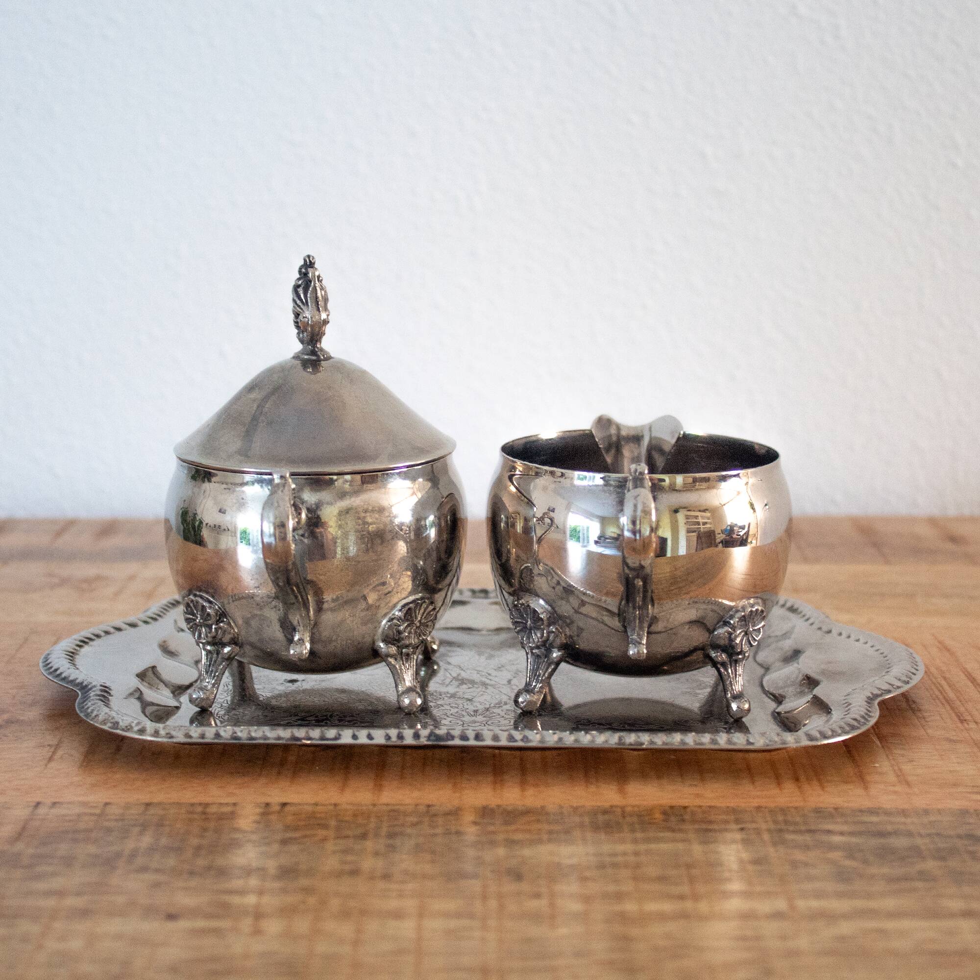 Antique Silver Plated Sugar Bowl & Creamer Set on Tray: Old Tableware