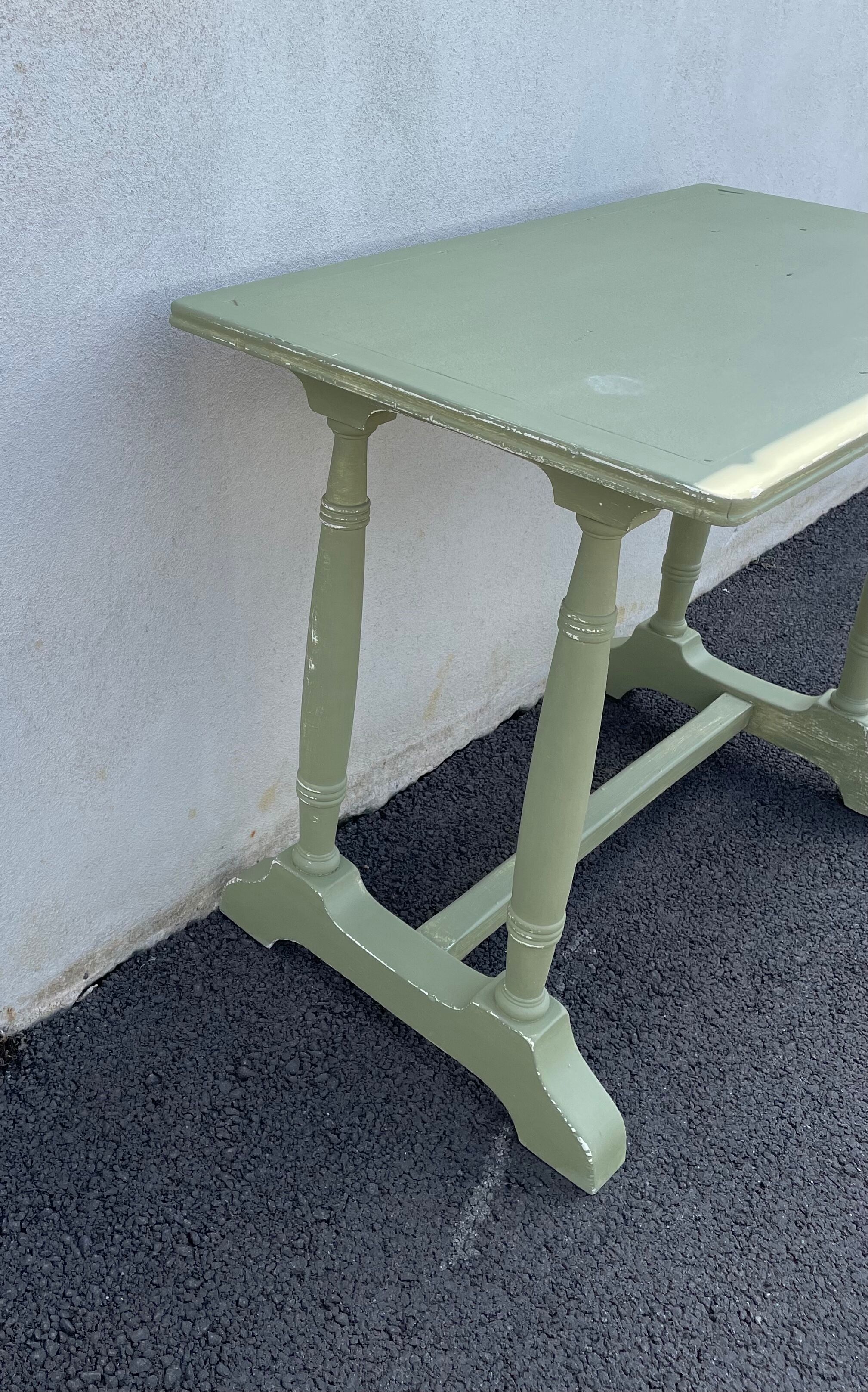 Patinated green baluster table