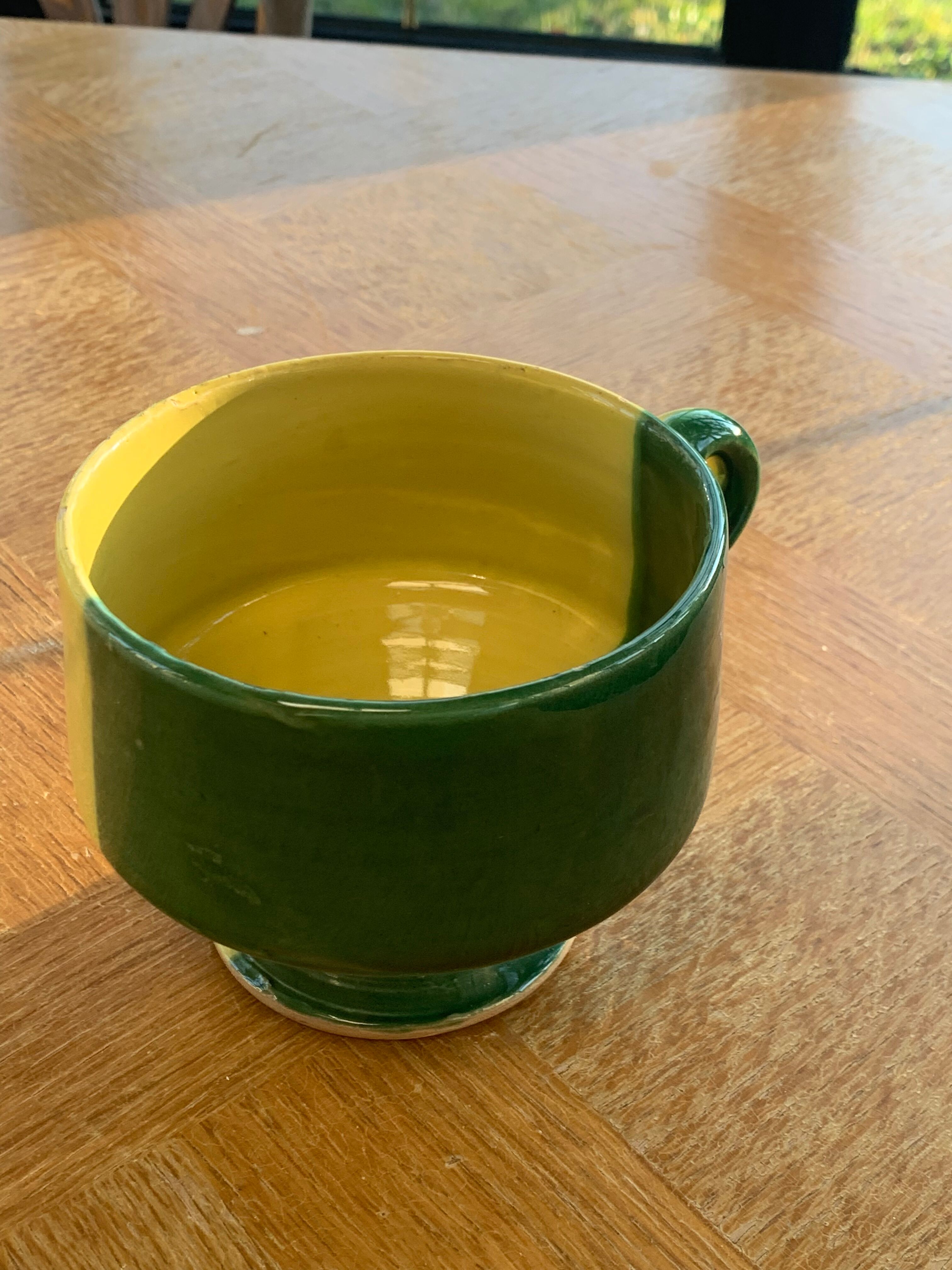Large bowl in vintage green and yellow enamelled ceramic