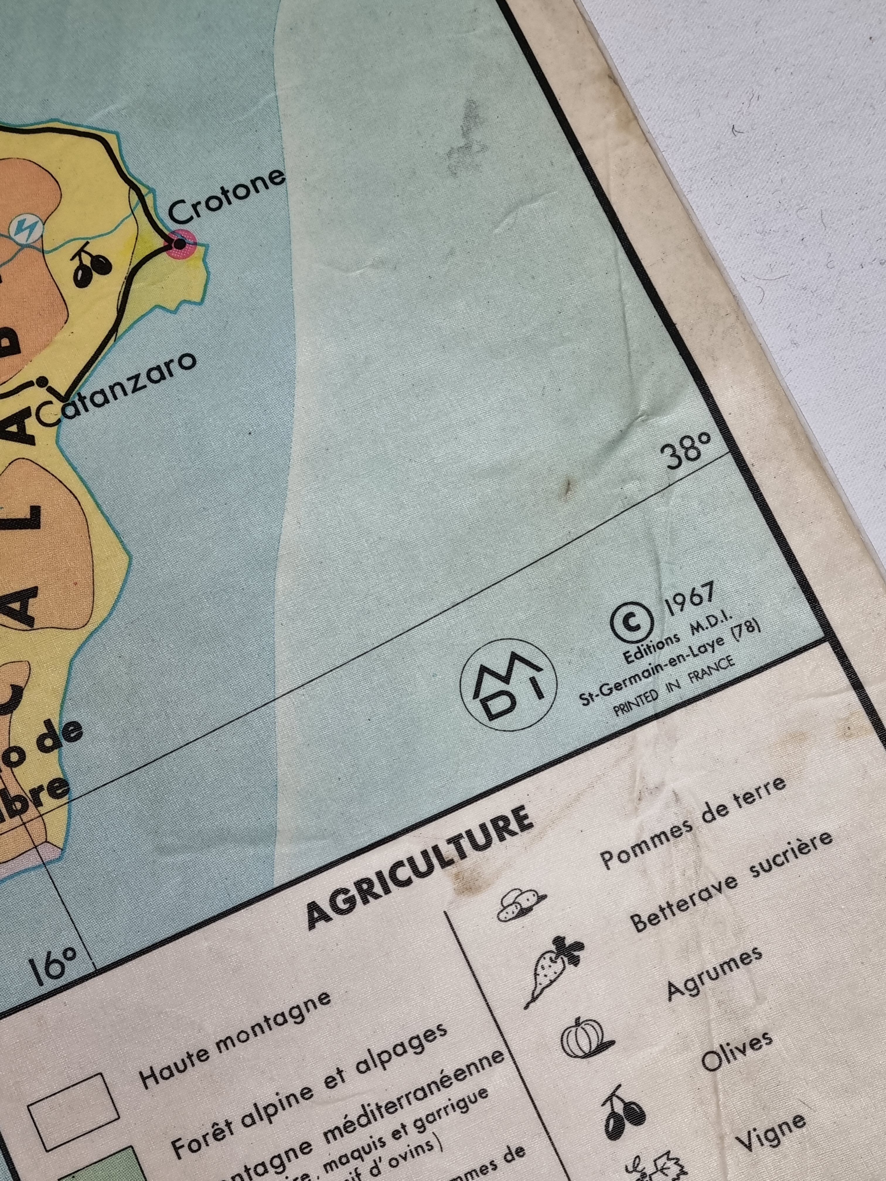 Pedagogical map MDI, 1968, reversible, physical map of Germany and economic map of Italy