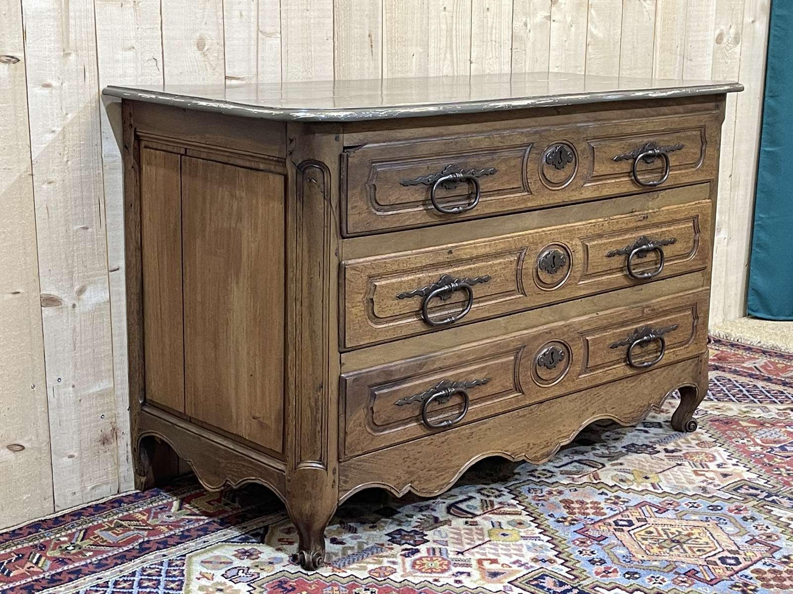 Louis XV eighteenth-century period chest of drawers in walnut painted in patinated gray