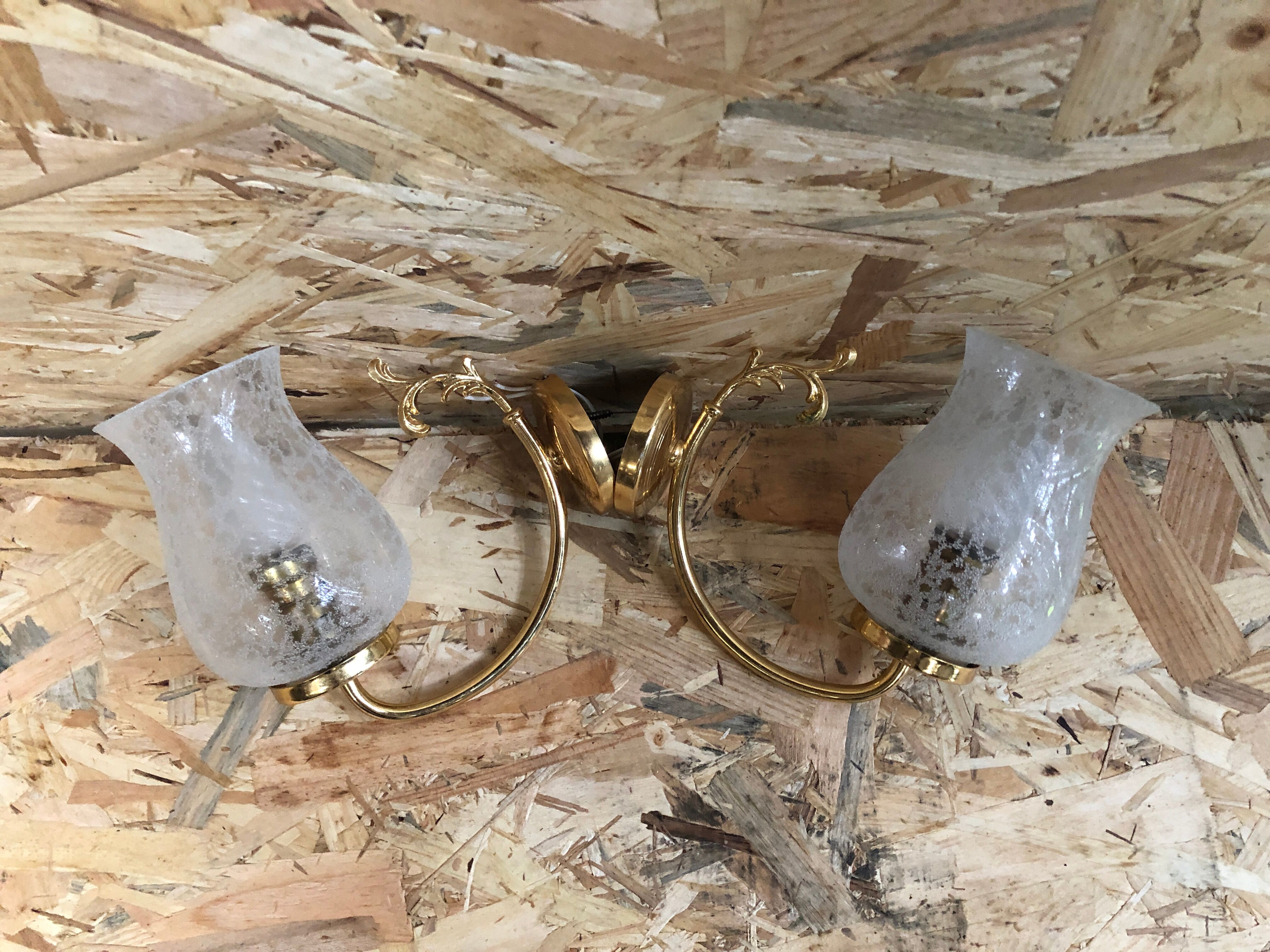 Old Pair Wall Lamp Golden Metal + Reflector Molded Glass 70s Vintage