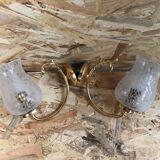 Old Pair Wall Lamp Golden Metal + Reflector Molded Glass 70s Vintage
