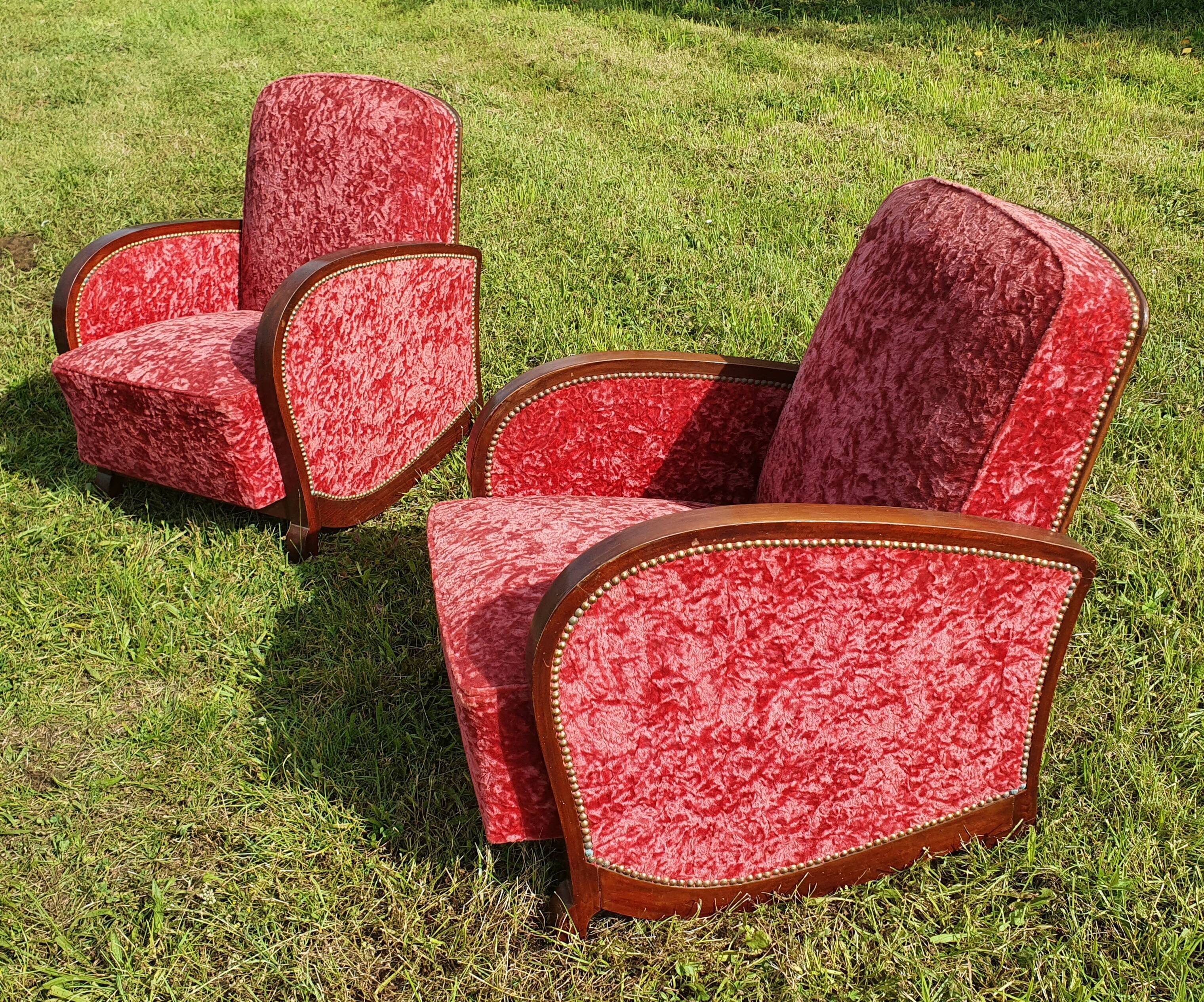 Canape and 2 armchairs art deco red velvet