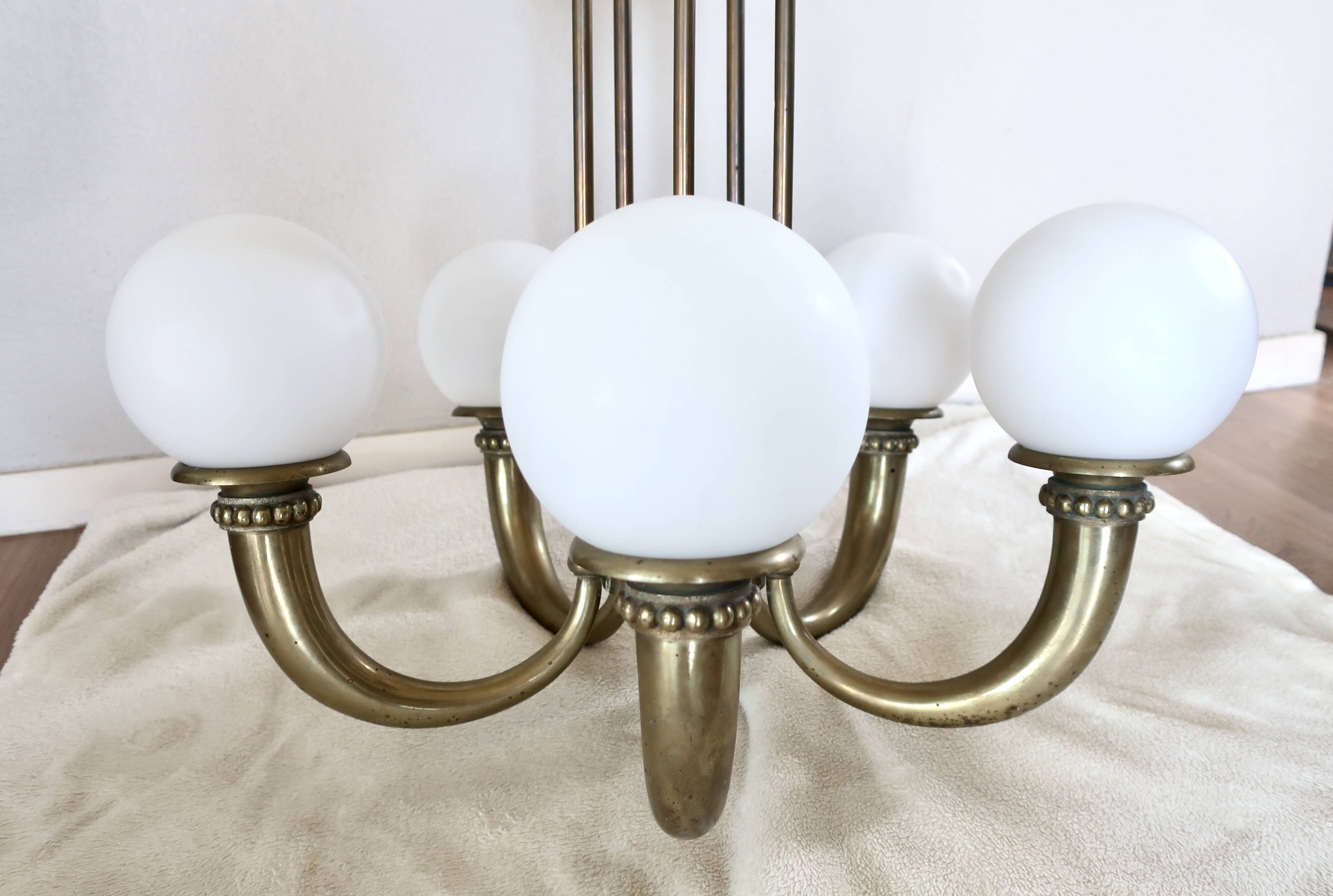 Art Deco chandelier in bronze and opaline by Jean Pascaud, 1940s.