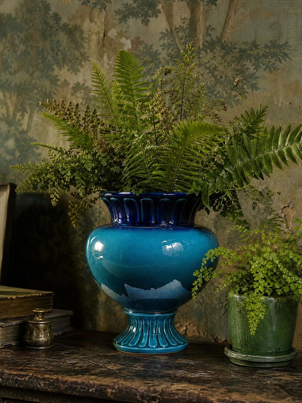 Turquoise & cobalt blue glazed earthenware vase/cache-pot by D. Dinis, 1960s-80s.
