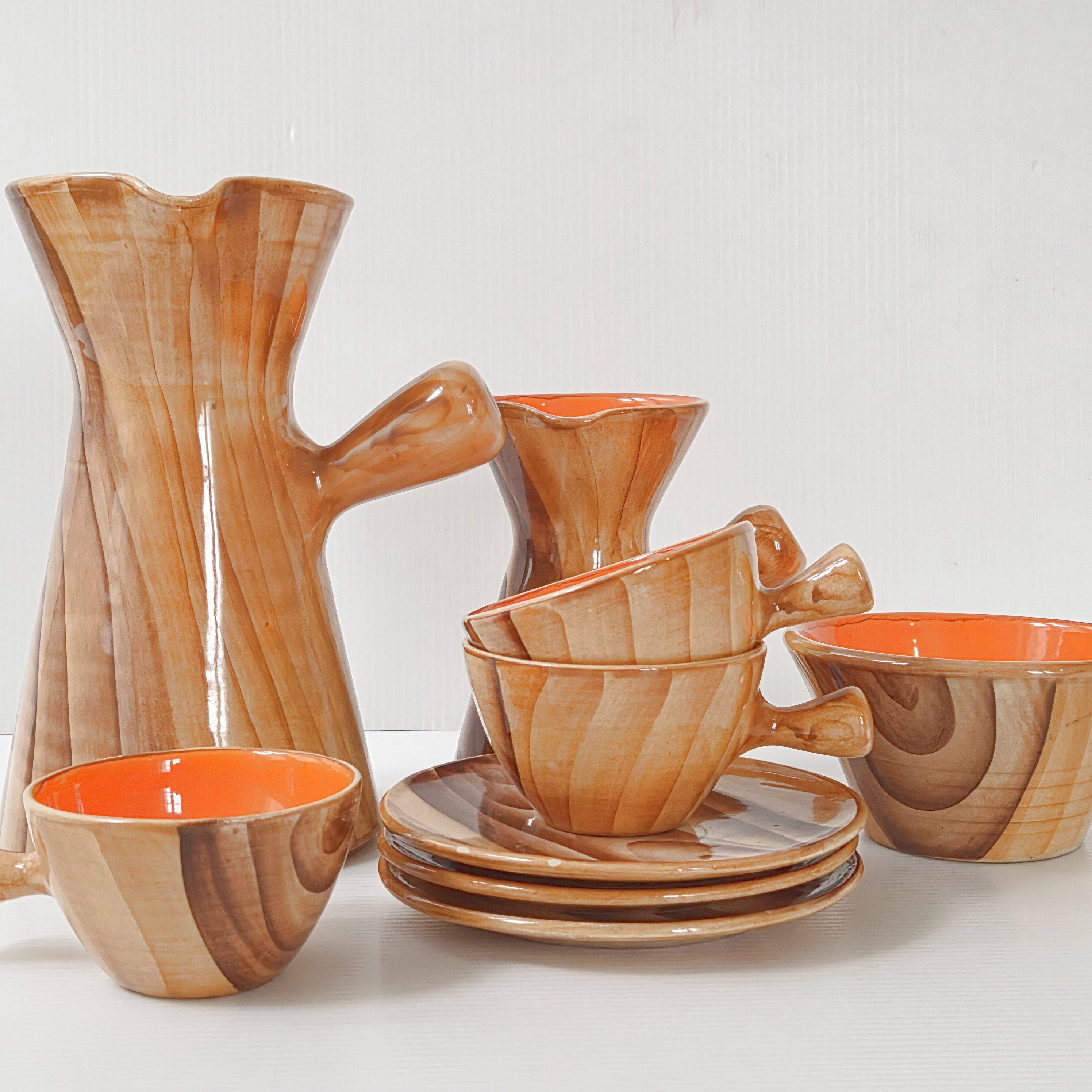 Ceramic coffee service faux-wood Vallauris 1960