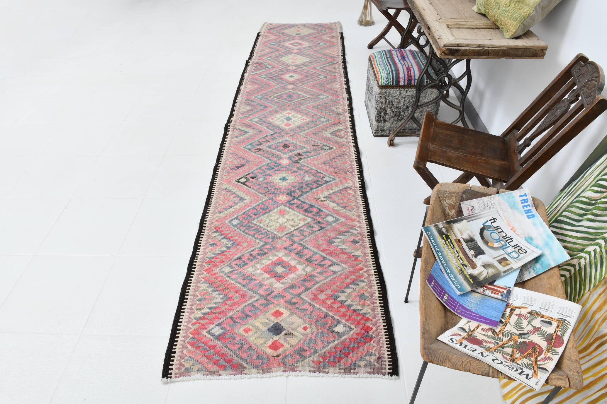 3x12 Soft Wool Pink Oriental Vintage Kilim Runner Rug