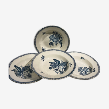 Set of 4 hollow plates, decoration insects and fruits, Manufacture Choisy le Roi Tere de Fer