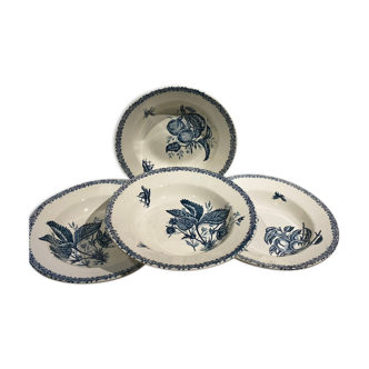 Set of 4 hollow plates, decoration insects and fruits, Manufacture Choisy le Roi Tere de Fer