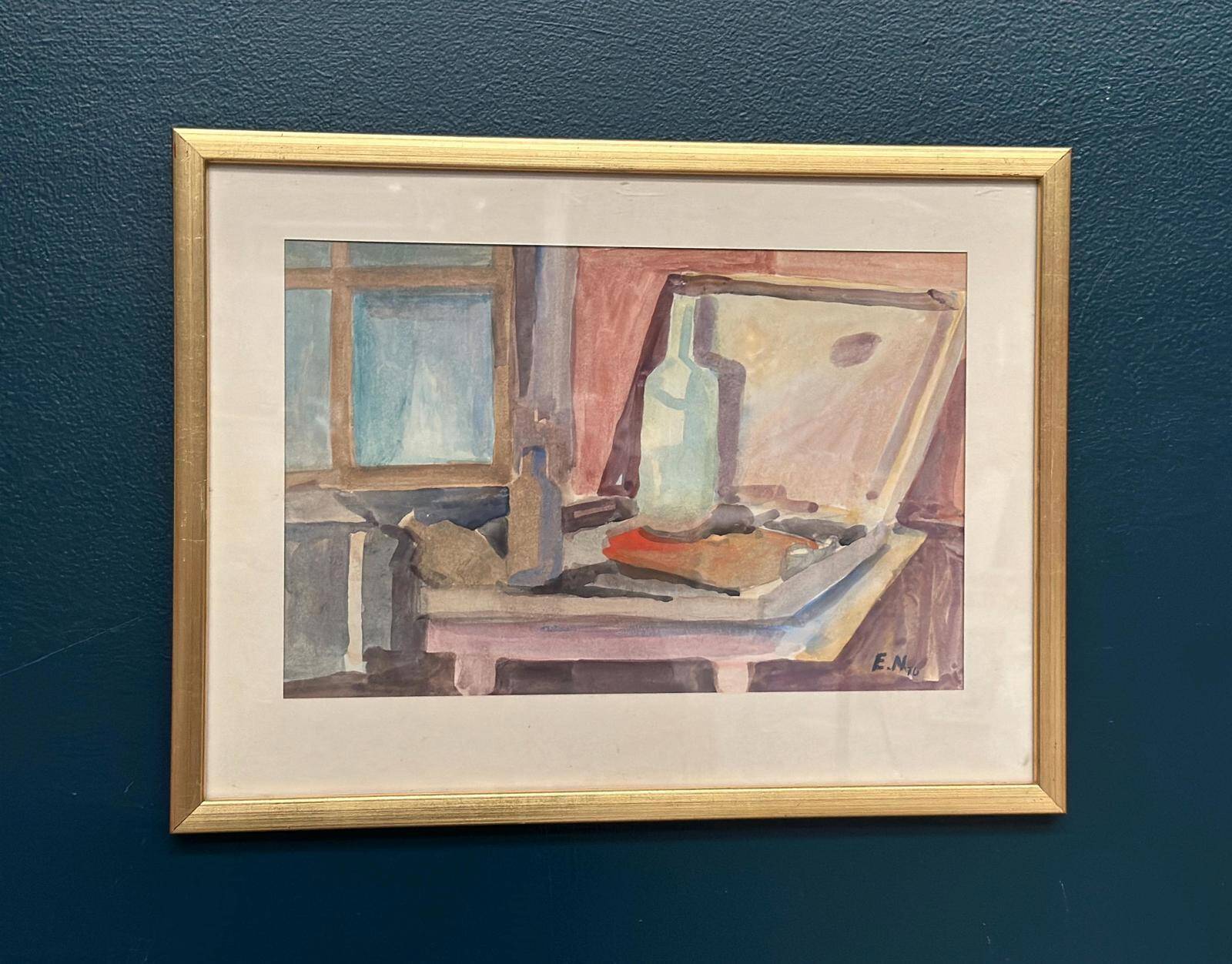 Original Swedish Watercolour On Paper – “Bottle And Window” By Eli Nybo – Dated 1976 – Vintage & Framed