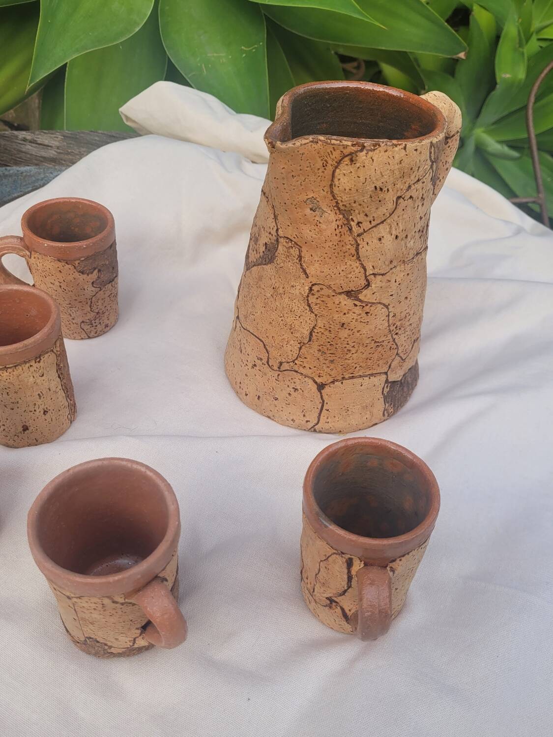 Set of old Corsican cork and terracotta handcrafted pitcher and cup