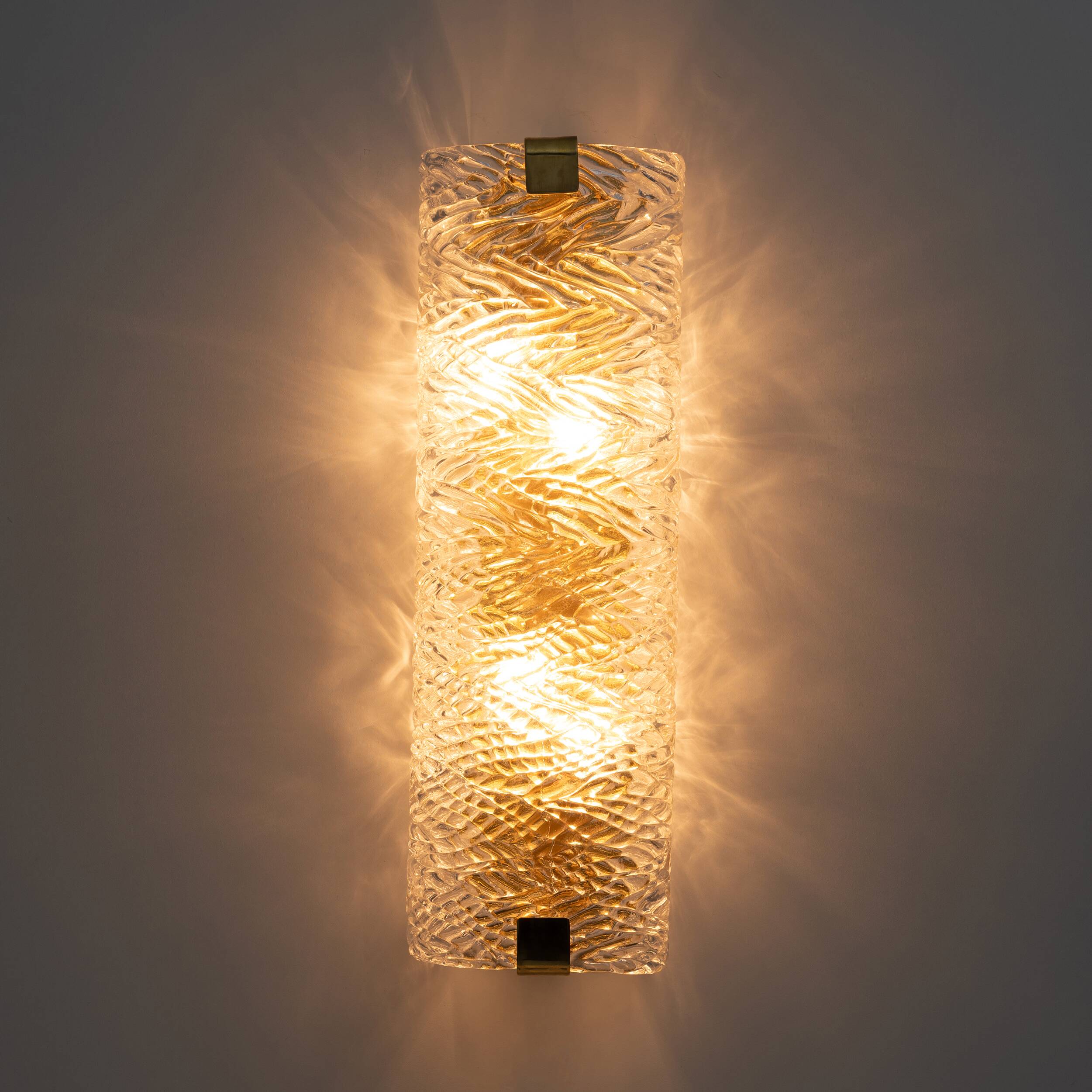 Pair of Modern Italian Brass and Murano Glass Textured Wall Sconces