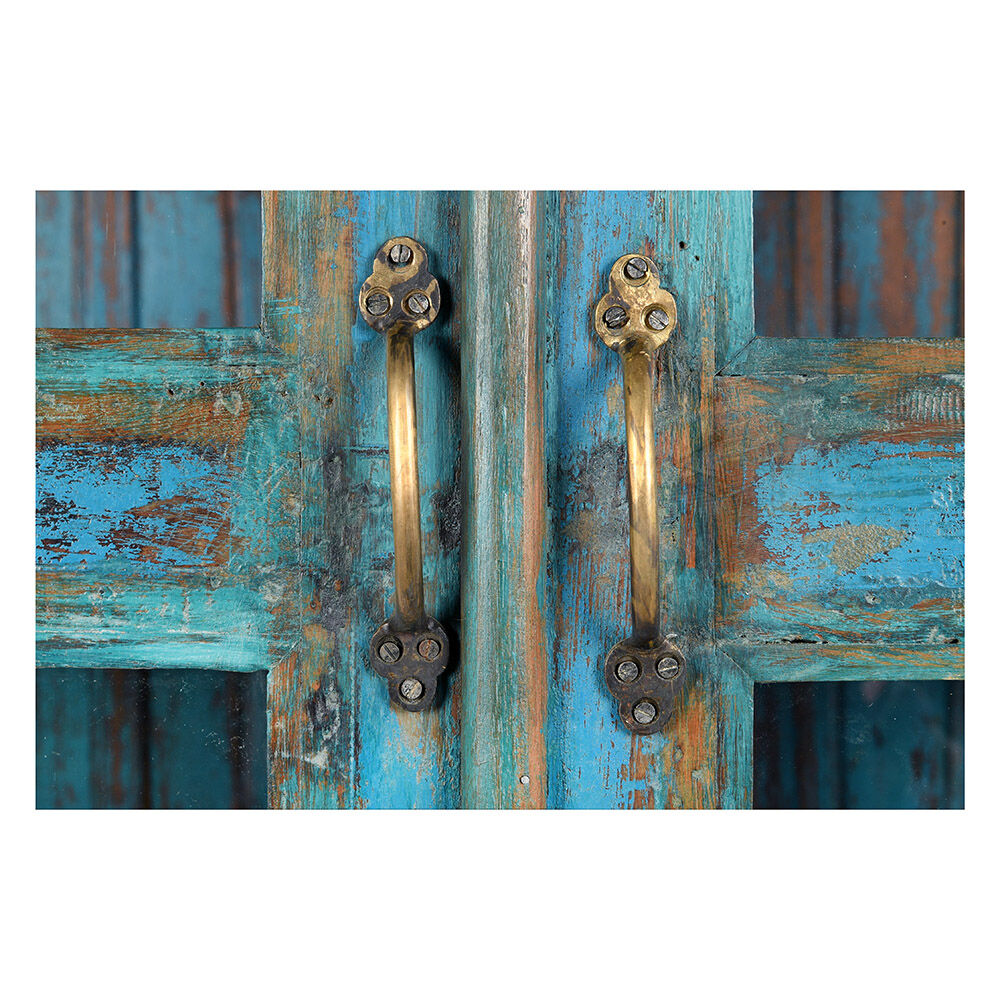 Wooden glass cabinet with blue patina