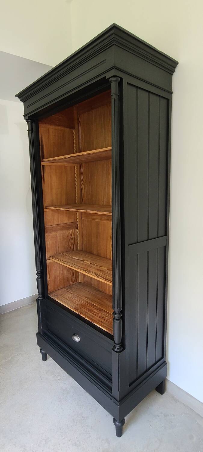 Old library storage unit shelf cabinet curiosities vintage black linen