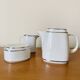 Tea set Teapot Sugar bowl Milk jug White porcelain silver