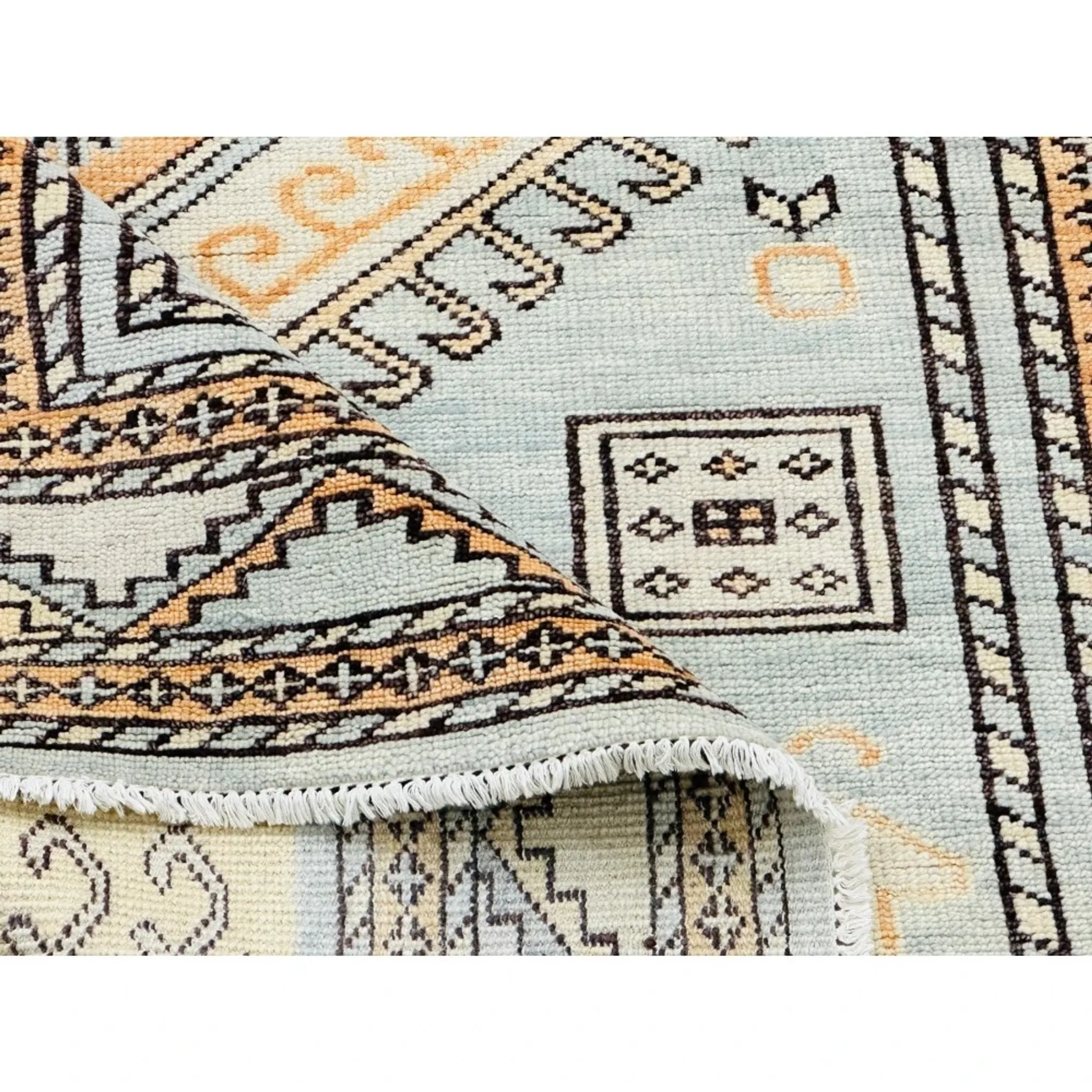 Decorative Wool Area Rug with Geometric Medallion Design. Hand-knotted Oushak Carpet